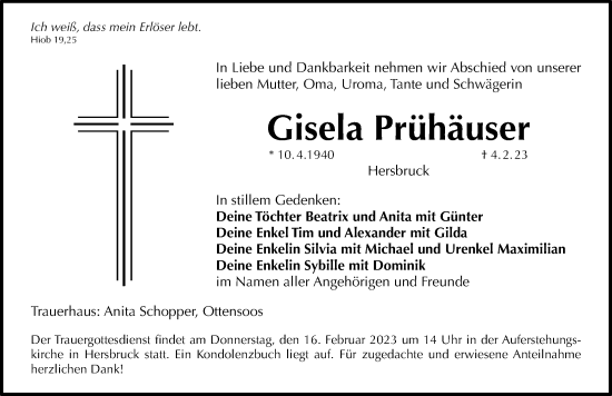 Traueranzeige von Gisela Prühäuser von Hersbrucker Zeitung Lokal