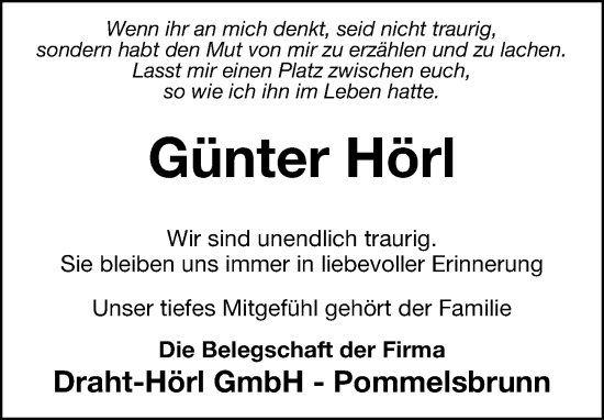 Traueranzeige von Günter Hörl von Hersbrucker Zeitung Lokal