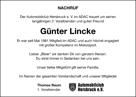 Traueranzeige von Günter Lincke von Hersbrucker Zeitung Lokal