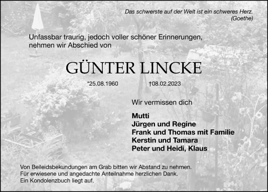 Traueranzeige von Günter Lincke von Hersbrucker Zeitung Lokal