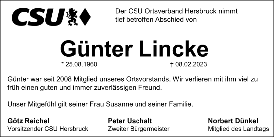 Traueranzeige von Günter Lincke von Hersbrucker Zeitung Lokal