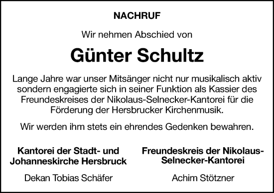 Traueranzeige von Günter Schultz von Hersbrucker Zeitung Lokal