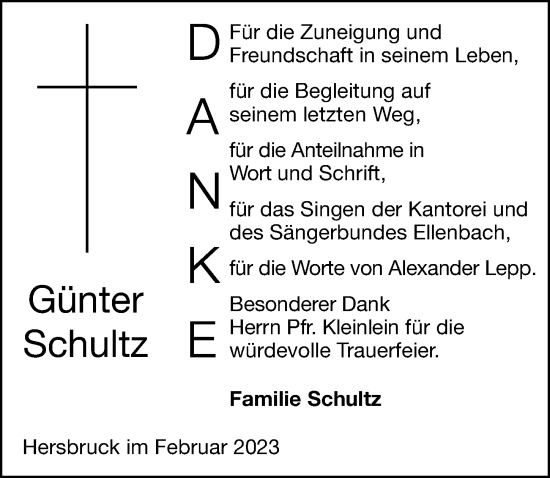 Traueranzeige von Günter Schultz von Hersbrucker Zeitung Lokal