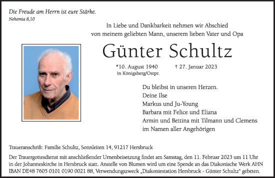 Traueranzeige von Günter Schultz von Hersbrucker Zeitung Lokal