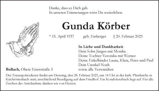 Traueranzeige von Gunda Körber von Pegnitz-Zeitung