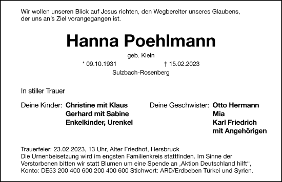 Traueranzeige von Hanna Poehlmann von Hersbrucker Zeitung Lokal