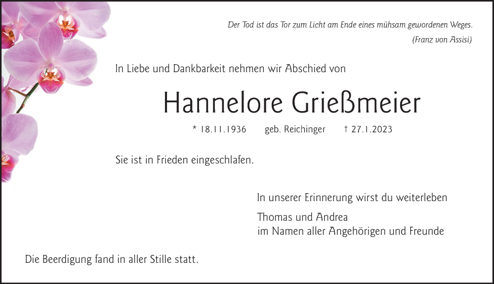  Traueranzeige für Hannelore Grießmeier vom 04.02.2023 aus Pegnitz-Zeitung