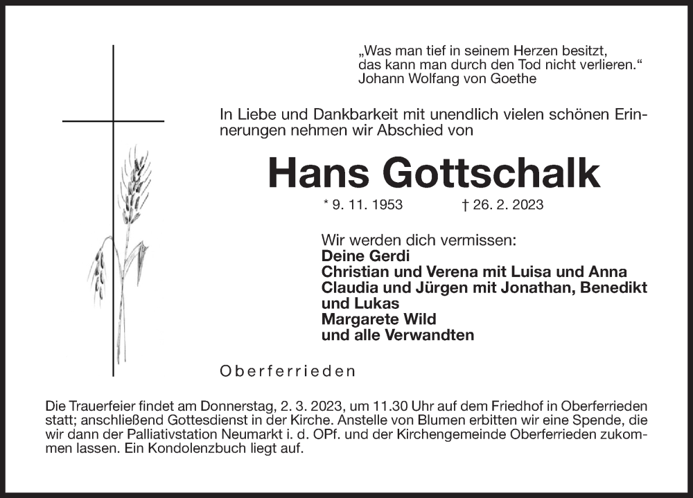  Traueranzeige für Hans Gottschalk vom 28.02.2023 aus Der Bote