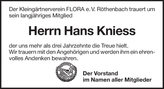 Traueranzeige von Hans Kniess von Pegnitz-Zeitung