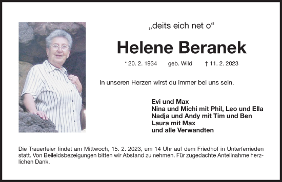 Traueranzeige von Helene Beranek von Der Bote