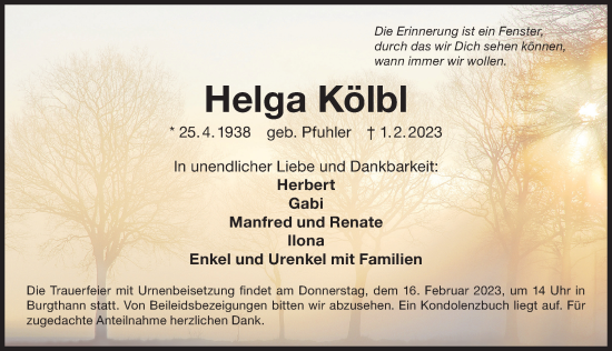 Traueranzeige von Helga Kölbl von Der Bote