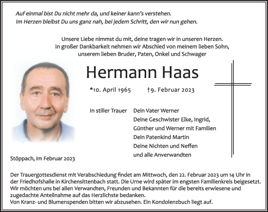 Traueranzeige von Hermann Haas von Hersbrucker Zeitung Lokal