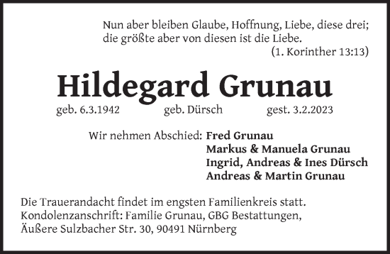 Traueranzeige von Hildegard Grunau von Pegnitz-Zeitung