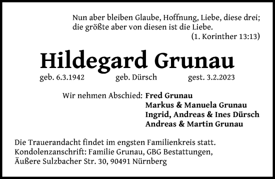 Traueranzeige von Hildegard Grunau von Hersbrucker Zeitung Lokal