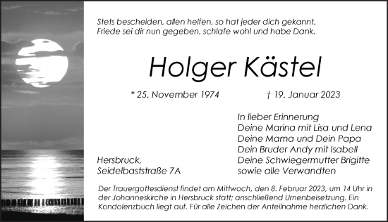 Traueranzeige von Holger Kästel von Pegnitz-Zeitung