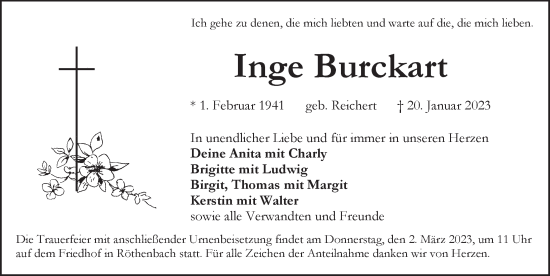 Traueranzeige von Inge Burckart von Pegnitz-Zeitung