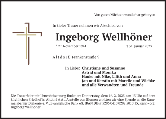 Traueranzeige von Ingeborg Wellhöner von Der Bote