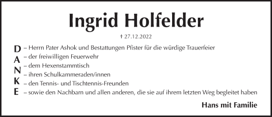 Traueranzeige von Ingrid Holfelder von Pegnitz-Zeitung