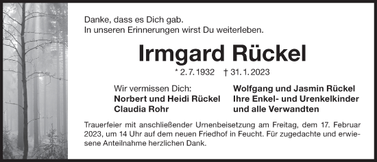Traueranzeige von Irmgard Rückel von Der Bote