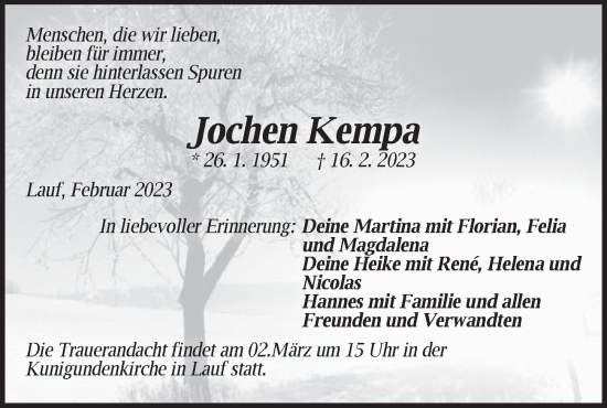 Traueranzeige von Jochen Kempa von Pegnitz-Zeitung