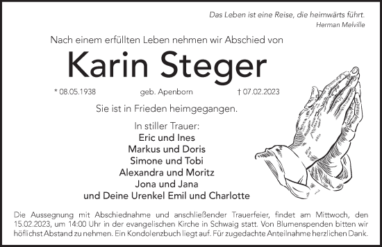 Traueranzeige von Karin Steger von Pegnitz-Zeitung