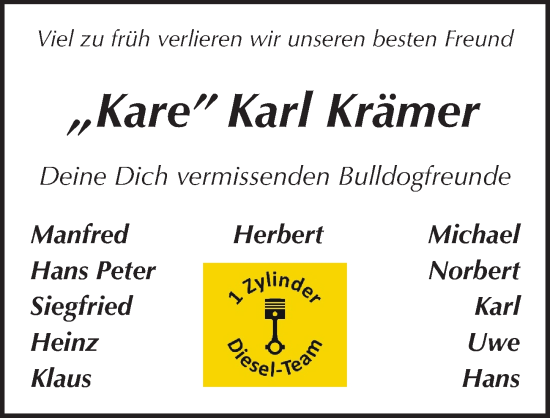 Traueranzeige von Karl Krämer von Pegnitz-Zeitung