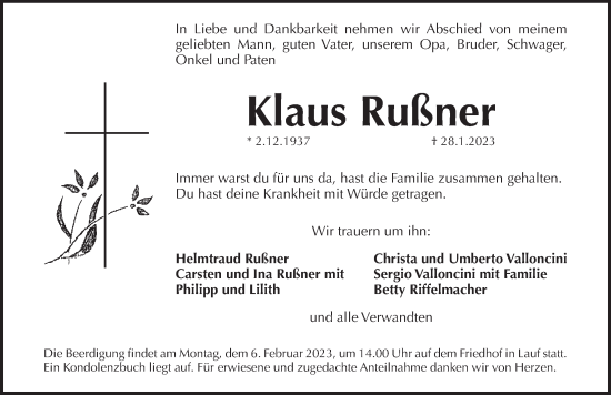 Traueranzeige von Klaus Rußner von Pegnitz-Zeitung