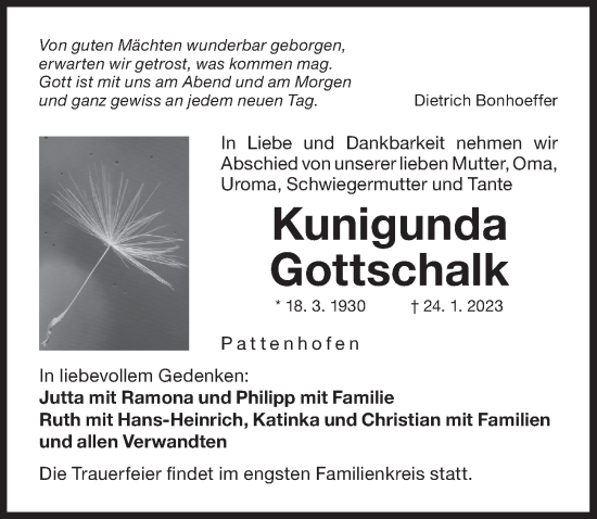 Traueranzeige von Kunigunda Gottschalk von Der Bote