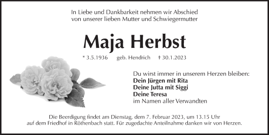 Traueranzeige von Maja Herbst von Pegnitz-Zeitung