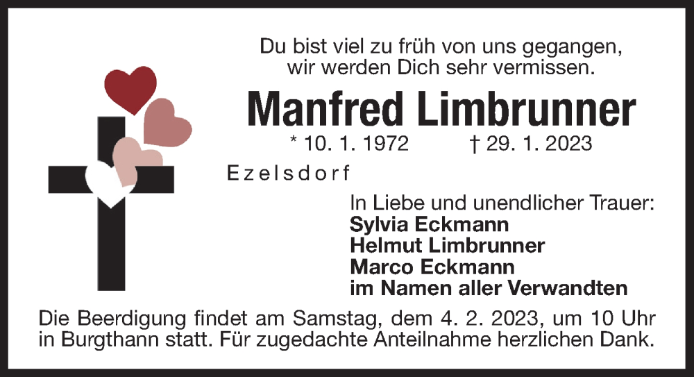  Traueranzeige für Manfred Limbrunner vom 01.02.2023 aus Der Bote