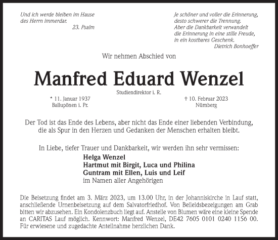 Traueranzeige von Manfred Eduard Wenzel von Pegnitz-Zeitung