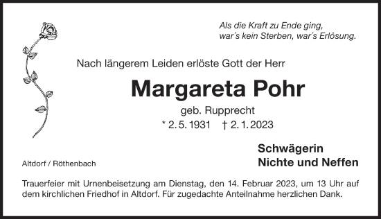 Traueranzeige von Margareta Pohr von Der Bote