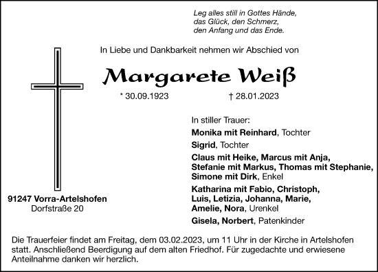 Traueranzeige von Margarete Weiß von Hersbrucker Zeitung Lokal