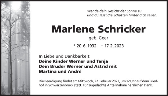Traueranzeige von Marlene Schricker von Der Bote