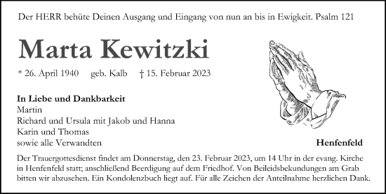Traueranzeige von Marta Kewitzki von Hersbrucker Zeitung Lokal