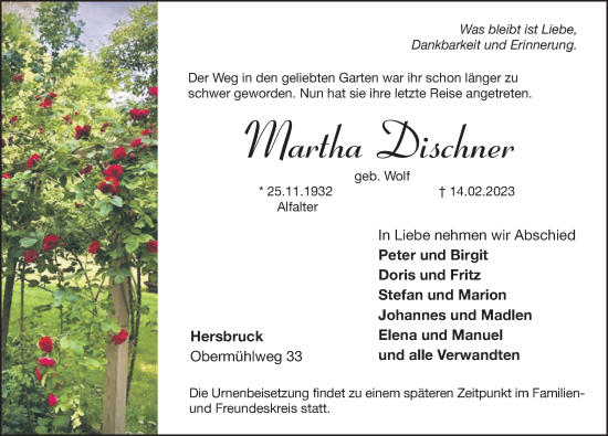 Traueranzeige von Martha Dischner von Hersbrucker Zeitung Lokal