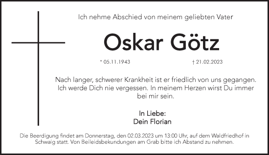 Traueranzeige von Oskar Götz von Pegnitz-Zeitung