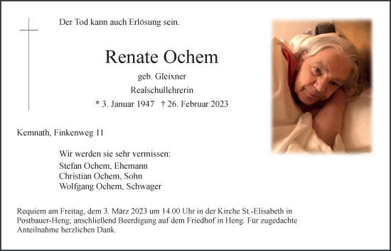 Traueranzeige von Renate Ochem von Der Bote