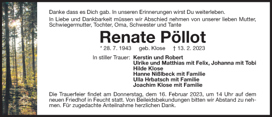 Traueranzeige von Renate Pöllot von Der Bote