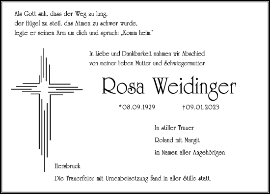 Traueranzeige von Rosa Weidinger von Hersbrucker Zeitung Lokal