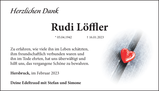 Traueranzeige von Rudi Löffler von Hersbrucker Zeitung Lokal