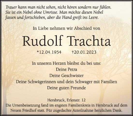 Traueranzeige von Rudolf Trachta von Hersbrucker Zeitung Lokal