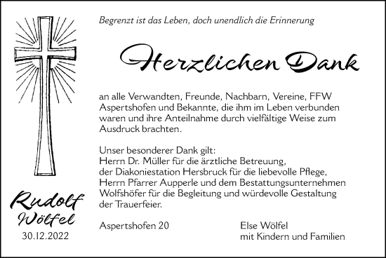 Traueranzeige von Rudolf Wölfel von Hersbrucker Zeitung Lokal