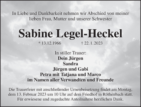 Traueranzeige von Sabine Legel-Heckel von Pegnitz-Zeitung