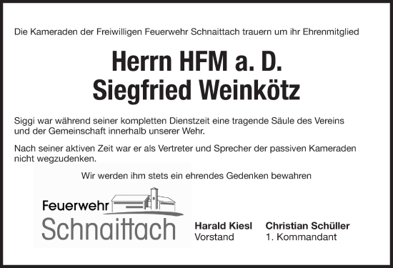 Traueranzeige von Siegfried Weinkötz von Pegnitz-Zeitung