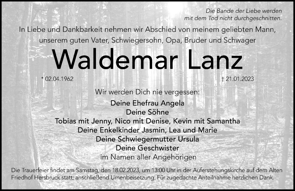  Traueranzeige für Waldemar Lanz vom 11.02.2023 aus Hersbrucker Zeitung Lokal