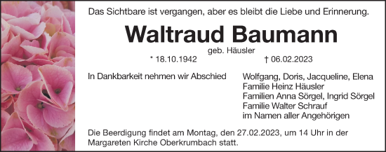 Traueranzeige von Waltraud Baumann von Hersbrucker Zeitung Lokal