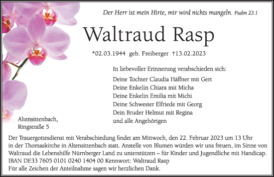 Traueranzeige von Waltraud Rasp von Hersbrucker Zeitung Lokal