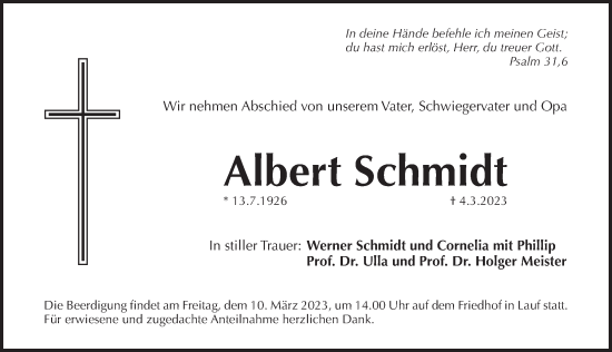 Traueranzeige von Albert Schmidt von Pegnitz-Zeitung