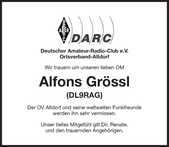 Traueranzeige von Alfons Grössl von Der Bote